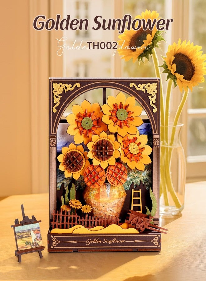 Wowood 3D Wooden Puzzles for Adults - Van Gogh Golden Sunflower DIY Model Building Kits with LED Light - Home Decor, Wall Art & Unique Creative Gifts for Art Lovers - Image 2